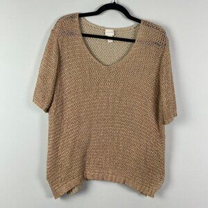 Chicos Open Knit Pullover Sweater Size 3 US XL Tan Gold Short Sleeve